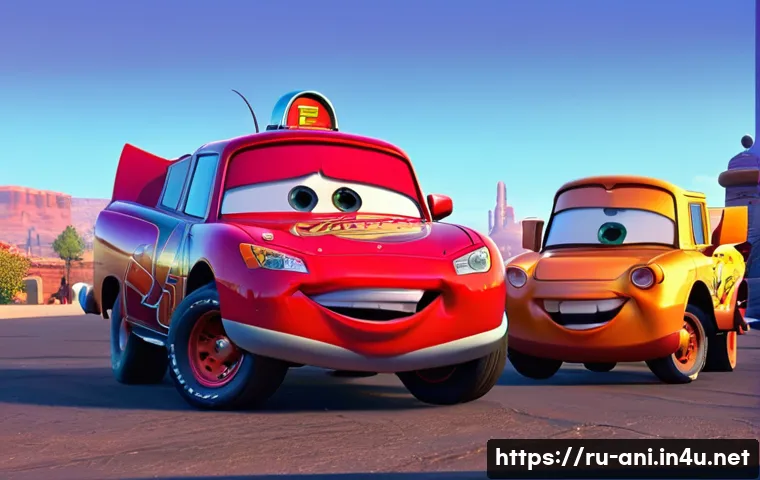 카 Cars 자동차 세계의 의인화 카 시리즈 - **Prompt 1: Radiator Springs Sunset Gathering**
A highly detailed, cinematic wide shot of Lightn...
